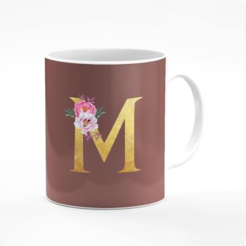Stylizedd Designer Printed Coffee Mug 11oz Ceramic Personalised Gift Mugs Cup -Custom Monogram Initial Letter Floral Pattern Alphabet - M (Brown)