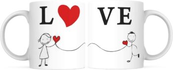 Purezento "Love" Couple Ceramic Tea/Coffee Mug for Valentine Day Gift for Girlfriend, Boyfriend,Husband and Wife,Friends,Anniversary,Hubby Wifey,Birthday,Set of 2