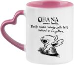 Ohana Means Family Stitch Coffee Tea Cocoa Soup Daily use Mug Birthday Gift Party gage Keepsake C Handle Unique Ceramic Cup Mug. (Pink Heart Handle)