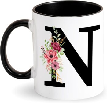 Tarklanda
  Initial Mugs Personalized Coffee Mug with Letters and Floral Black Ceramic
  Mug Initial Mug Gifts for Women Friends for Birthday, Valentine's Day,
  Christmas (N)