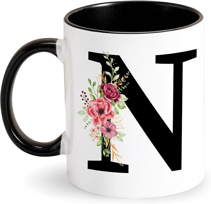 Tarklanda Initial Mugs Personalized Coffee Mug with Letters and Floral Black Ceramic Mug Initial Mug Gifts for Women Friends for Birthday, Valentine's Day, Christmas (N)