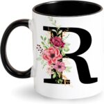 Tarklanda Letter Mug Coffee Mug Alphabet Mug with Initial and Floral Pattern Personalized Gift Mug Initials Black Mug for Women Gift for Birthday, Christmas (R)
