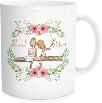 Hasdon-Hill Soul Sisters Flower Coffee Mug, Personalized Tea Cup Gifts for Bestie Friends, 11 Oz Bone China White