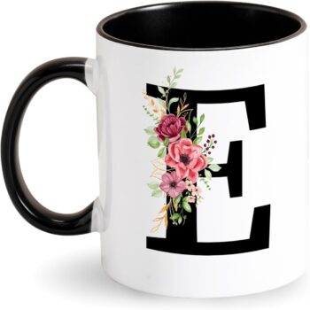 Tarklanda Personalised Mug Letter Coffee Mug - Alphabet Ceramic Mug - Cup with Flowers Initial - Black Initial Letter Mug Gifts for Friend Colleague Women Birthday Mother's Day Gift (E)