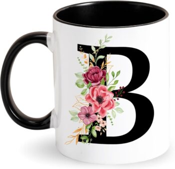 مج للقهوة بتصميم مخصص
  بحروف أبجدية أولية مع نمط زهرة يُقدم كهدية للنساء والصديقات والأم من
  تارجلاندا سيراميك أسود لعيد الميلاد والكريسماس وعيد الأم B