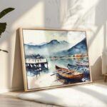 Panoramic Landscape with Boats – Framed Canvas Wall Art 90x60 cm