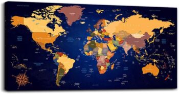 Vintage World Map Dark Blue Canvas Wall Art