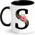Tarklanda Letter Coffee Mug With Alphabet Initial and Floral Pattern - Personalized Black Gift for Women, Birthday, Christmas (E)