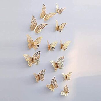 12pcs 3D Hollow Butterfly Wall Sticker for Home Decor DIY Butterflies Fridge stickers Room Decoration Party Wedding Decor-Gold