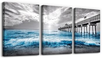 3 Piece Ocean Wave Canvas Wall Art – Black & White Blue Prints