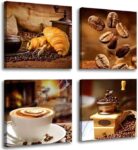 Kitchen Canvas Art Coffee Bean Cup Prints Wall Decor - 4 Panels Framed Ready To Hang Image for Table Dining Room - Contemporary Pictures for Home Decoration