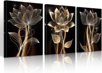 3 Panels Gold Floral Canvas Wall Art