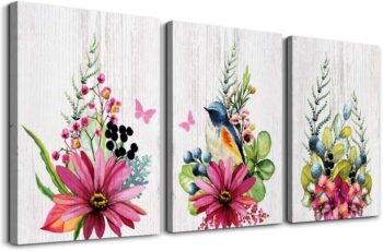 Flowers and birds 3 Pieces abstract Canvas Wall Art for living room Wall Decor for bedroom kitchen decorations Wood grain posters Canvas Prints artwork Modern framed bathroom Home decoration