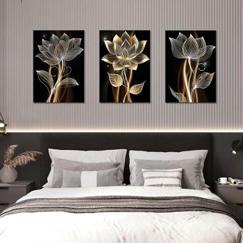 3Pcs Wooden Framed Canvas Wall Art Abstract Brown Flowers Canvas Prints Minimalism Black Gold Floral Painting Pictures for Living Room Bedroom Kitchen Hallway Stairs Wall Decor 120x60cm(16"x24"x3pcs)