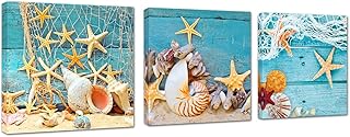 Yatehui Coastal Wall Art 3 Panel Seascape Giclee Canvas Prints Starfish Seashell on Beach Landscape Pictures Paintings for Bathroom Kitchen Decoration Ready to Hang 12x12 inches
