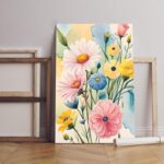 لوحة فنية جدارية
  قماشية مطبوعة بالزهور بخلفية زرقاء وزهور صفراء مقاس 90 × 60، منAmazing Print،
  وردي