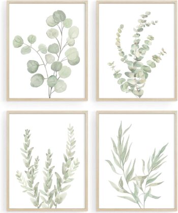 Howwii Botanical
  Boho Bathroom Decor Wall Art Prints, UNFRAMED Sage Green Plants Decor for
  Bedroom|Office, Minimalist Eucalyptus Leaves Watercolor Art Prints, Set of 4
  Pictures, 8"x10" No Frames
