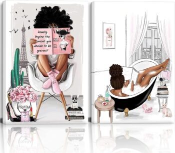 2 Pieces Framed African American Wall Art Modern
  Fashion Paris Pink White Afro Black Girls Women Canvas Wall Decor Pictures
  Posters Prints Artwork for Bathroom Living Room Bedroom Home Decoration