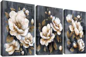 3 Pcs Abstract Peony Flowers Cream Print on Canvas Framed Golden
  Leaves Grey Painting Canvas Paintings Modern Poster Bedroom Living Room Wall
  Decorations 90 x 40 cm (12 x 16 x 3pcs)