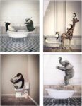 ZFTCN Animal Black White Wall Art Prints, Animal in the Bath Canvas Pictures Dream Bath Poster Minimalist Home Decor - 4 Pieces Without Frame (20 x 30 cm x 4 pieces)