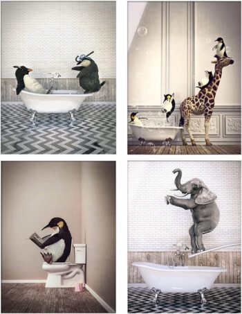 ZFTCN Animal Black White Wall Art Prints, Animal in the Bath Canvas Pictures Dream Bath Poster Minimalist Home Decor - 4 Pieces Without Frame (20 x 30 cm x 4 pieces)