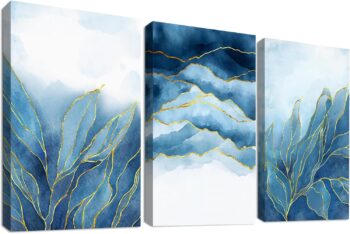 3 Pcs Wooden Framed Blue Watercolour Gold Leaf Canvas Wall Art
  Prints - Navy Blue Misty Mountains Canvas Painting -
  90x40cm(12"x16"x3pcs) for Living Room, Bedroom, Hallway Home Wall
  Decor