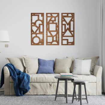 Geometric Wooden Wall Décor – Set of 3 (80x30 cm, Brown)