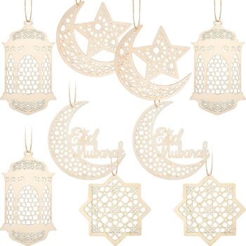 Queekay 9 Pieces
  Wooden Pendant Ornament Ramadan Kareem Hollow Decoration Moon Star Wind Light
  Shape Pendant Ornament Rustic Happy Eid Hanging Sign for Ramadan Mubarak Eid
  Party Decorations