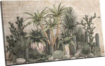 Abstract Framed Portrait of Tropical Desert Plants – Brown Canvas Wall Art 90x60 cm