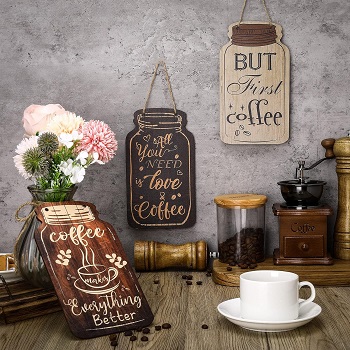 Jetec Wood Coffee Sign Mason Jar Wall Hanging Plaque - Farmhouse Coffee Bar Decor for Kitchen, Office, Home Wall and Table (Classic Style)